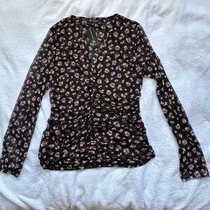 INC International Concepts Black Floral Long Sleeve Top